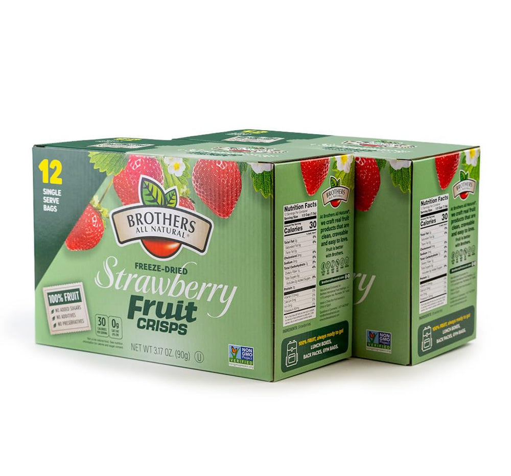 Brothers All Natural strawberry crisps in the front pack, snack-ready and portable.