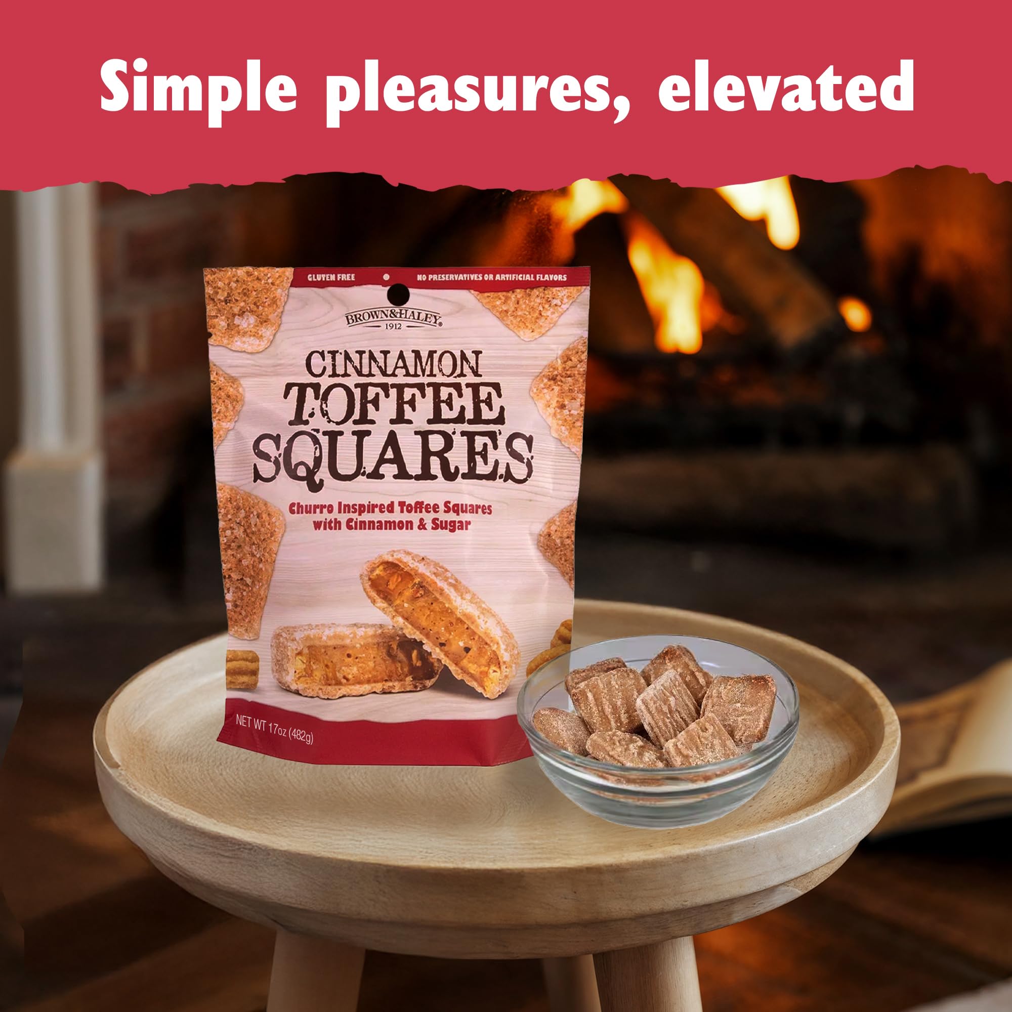 Brown & Haley Cinnamon Toffee Squares unwrapped on a desk signals an easy afternoon snack.