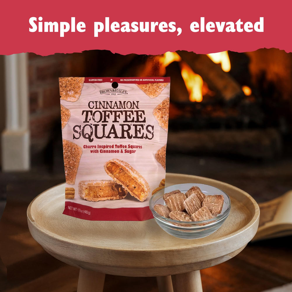 Brown & Haley Cinnamon Toffee Squares unwrapped on a desk signals an easy afternoon snack.