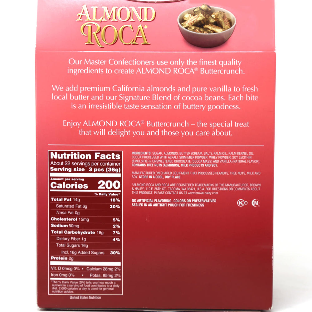 Brown & Haley Almond Roca original toffee box open shows indulgent buttercrunch layers.