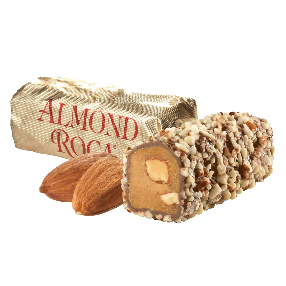 Brown & Haley Almond Roca original toffee ingredients swatch suggests premium butter, almonds, and crisp toffee.