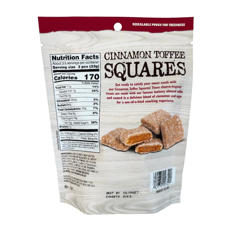 Close-up of Brown and Haley Cinnamon Toffee Squares with cinnamon sugar topping, great for gifting