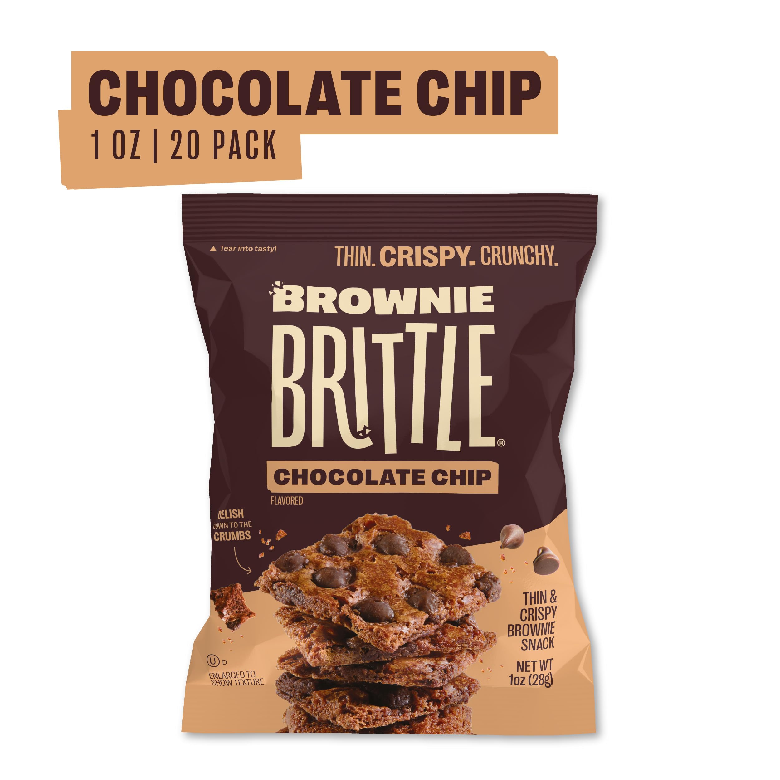 Close-up of 1oz Brownie Brittle bags for portion-controlled snacking.