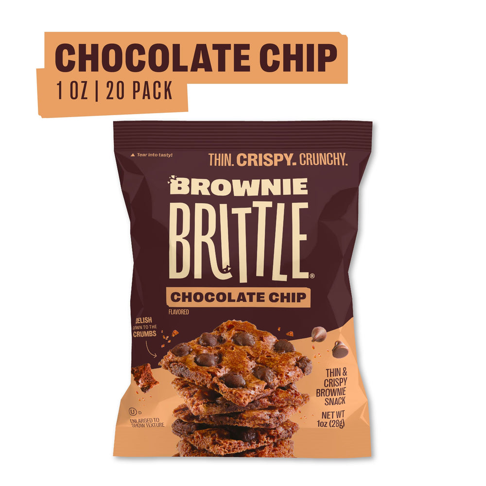 Close-up of 1oz Brownie Brittle bags for portion-controlled snacking.