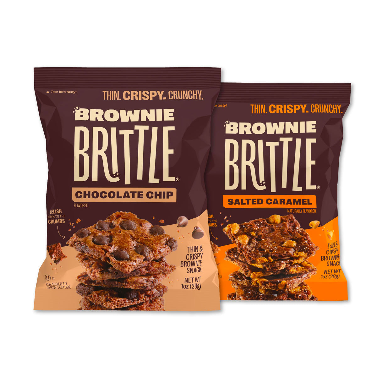 Brownie Brittle chocolate chip 1oz bag with crispy bite for on-the-go snacking.