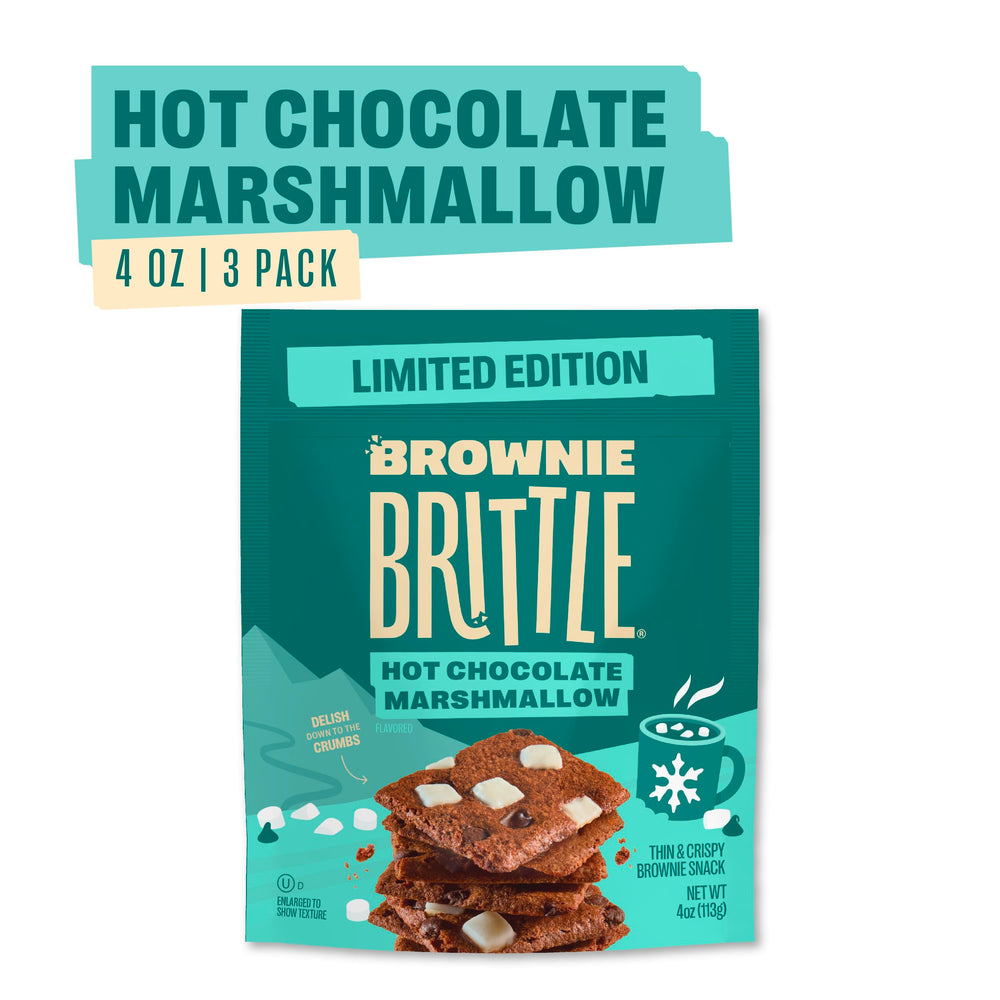 Brownie Brittle Hot Chocolate Marshmallow bags closeup emphasizing rich chocolate and crunch.