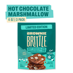 Brownie Brittle Hot Chocolate Marshmallow bags closeup emphasizing rich chocolate and crunch.
