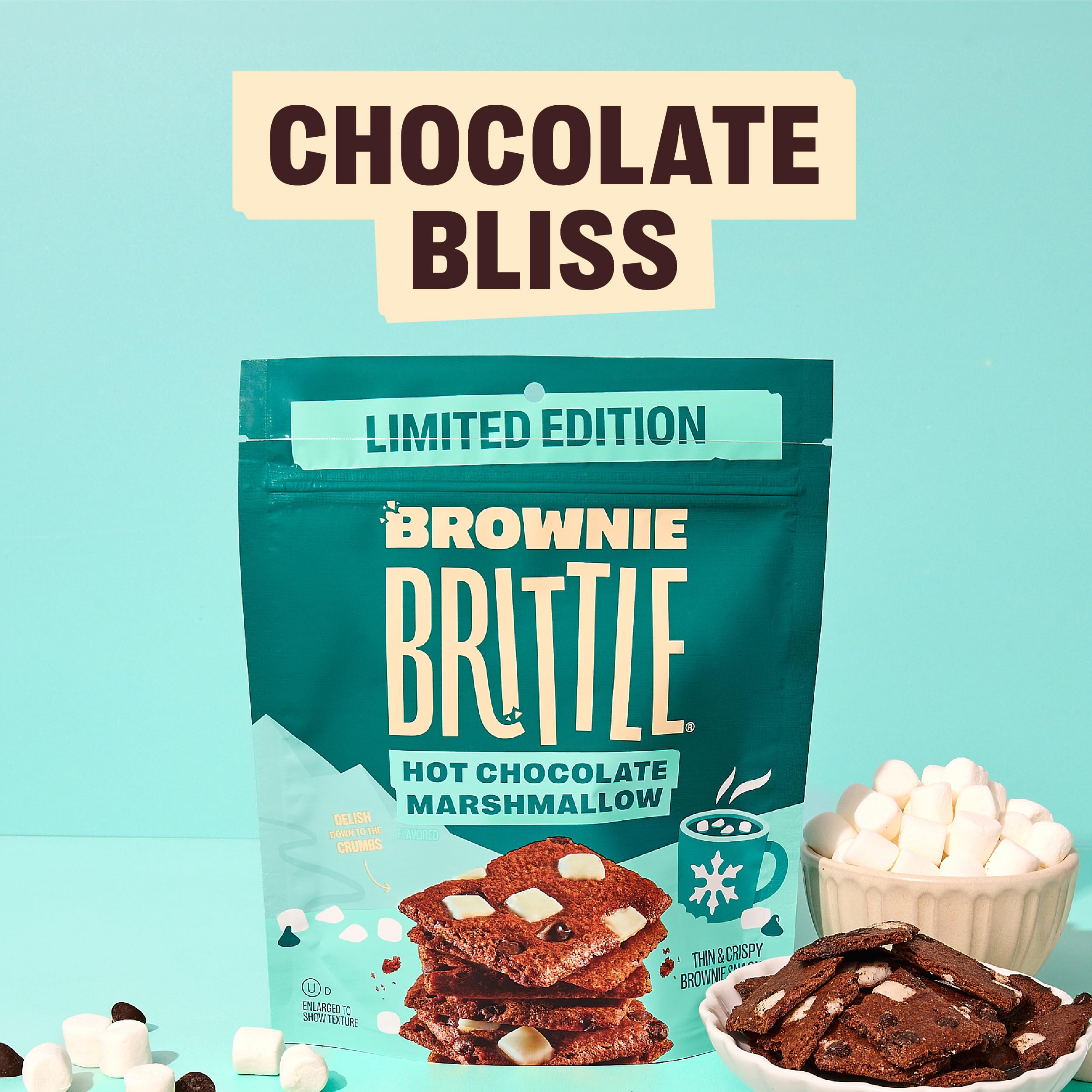Brownie Brittle Hot Chocolate Marshmallow crispy edges close-up.