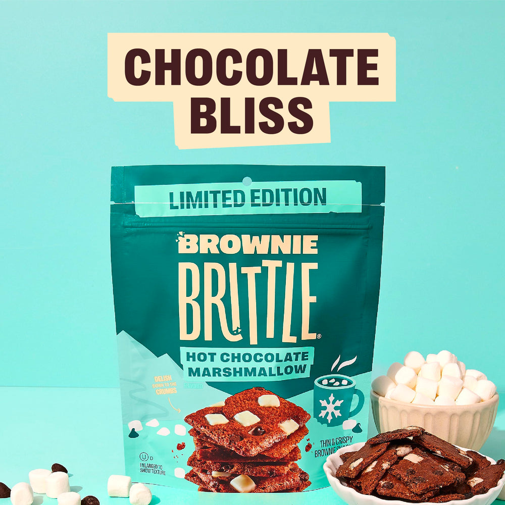Brownie Brittle Hot Chocolate Marshmallow crispy edges close-up.