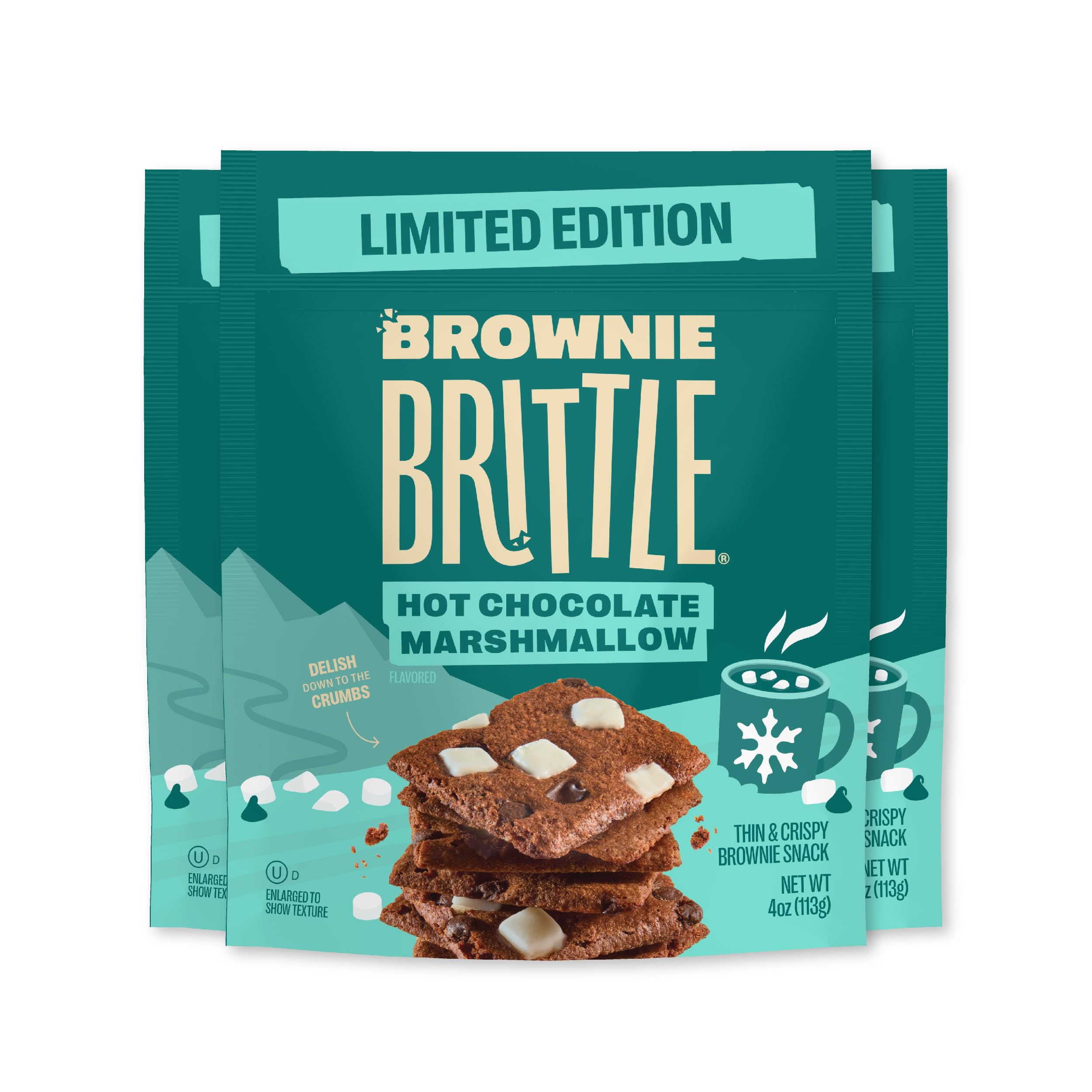 Brownie Brittle Hot Chocolate Marshmallow pack front highlighting crispy brownie edges.
