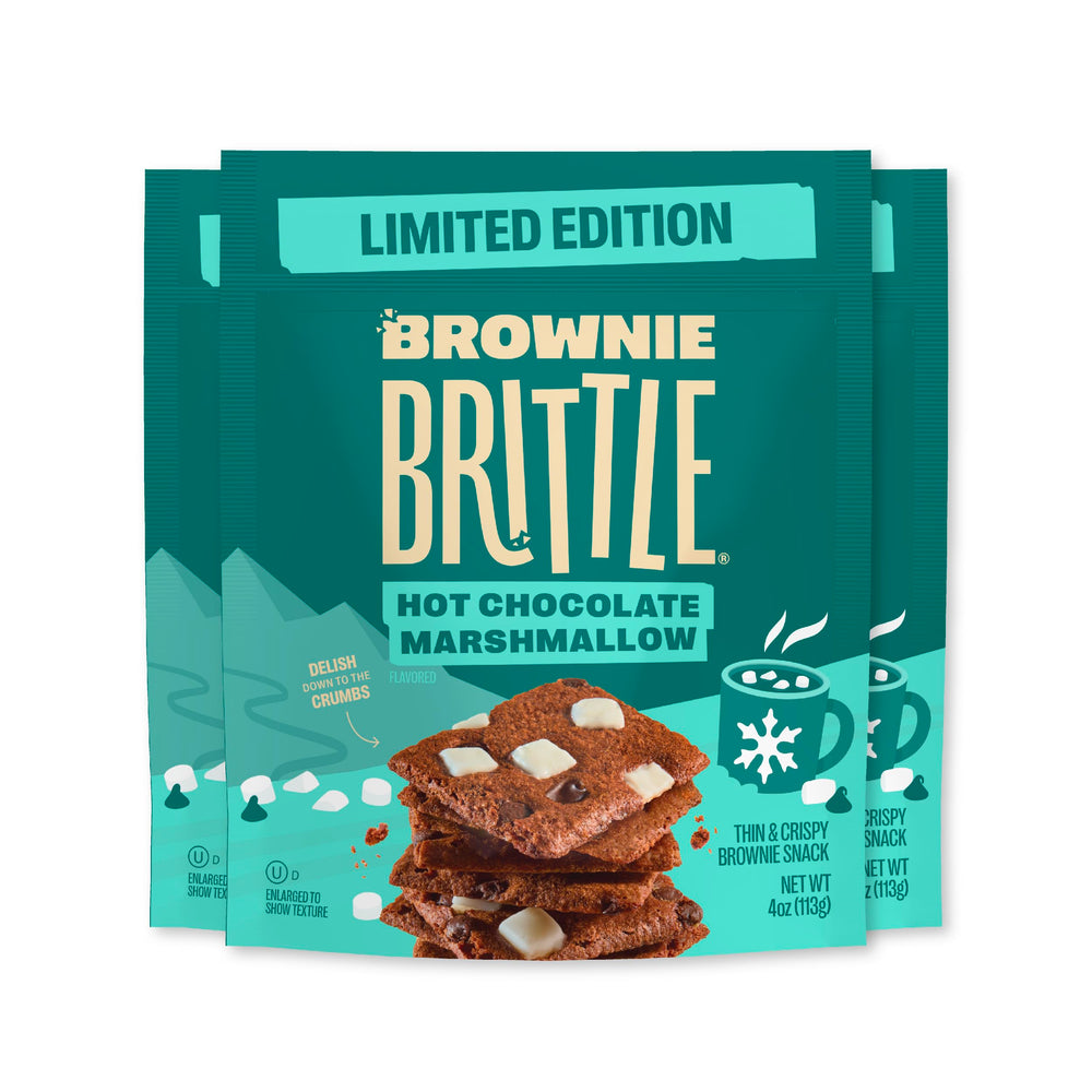 Brownie Brittle Hot Chocolate Marshmallow pack front highlighting crispy brownie edges.