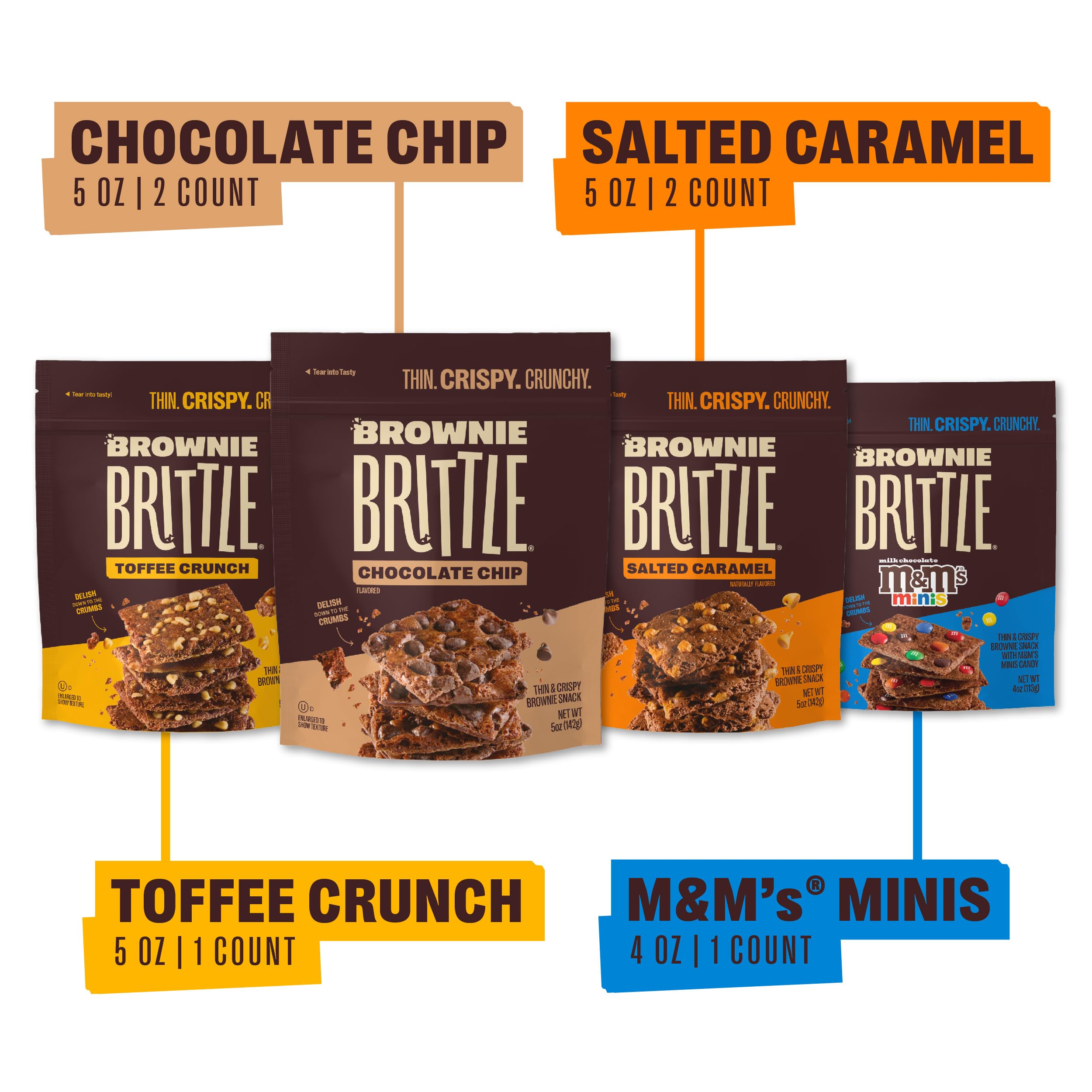 Brownie Brittle Original Chocolate Chip bag shows crispy edges and rich chocolate flavor.