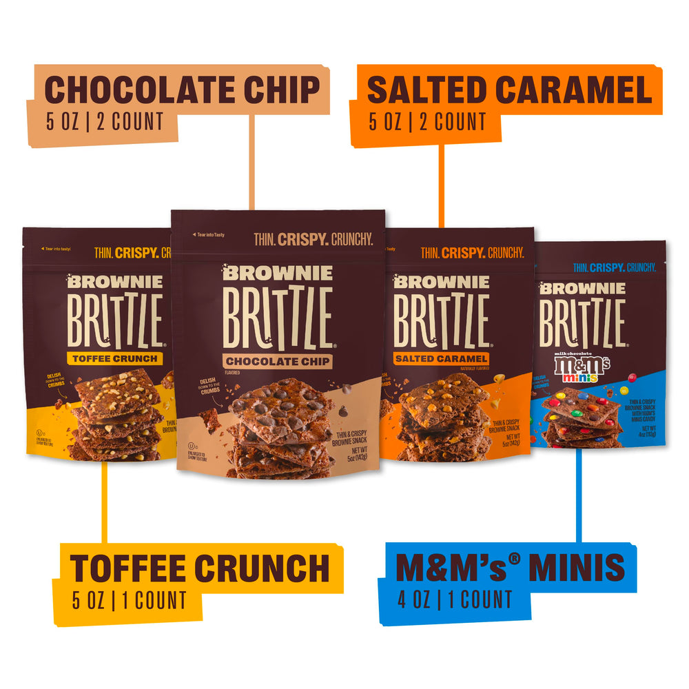 Brownie Brittle Original Chocolate Chip bag shows crispy edges and rich chocolate flavor.