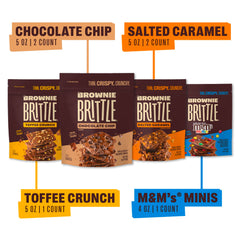 Brownie Brittle Original Chocolate Chip bag shows crispy edges and rich chocolate flavor.