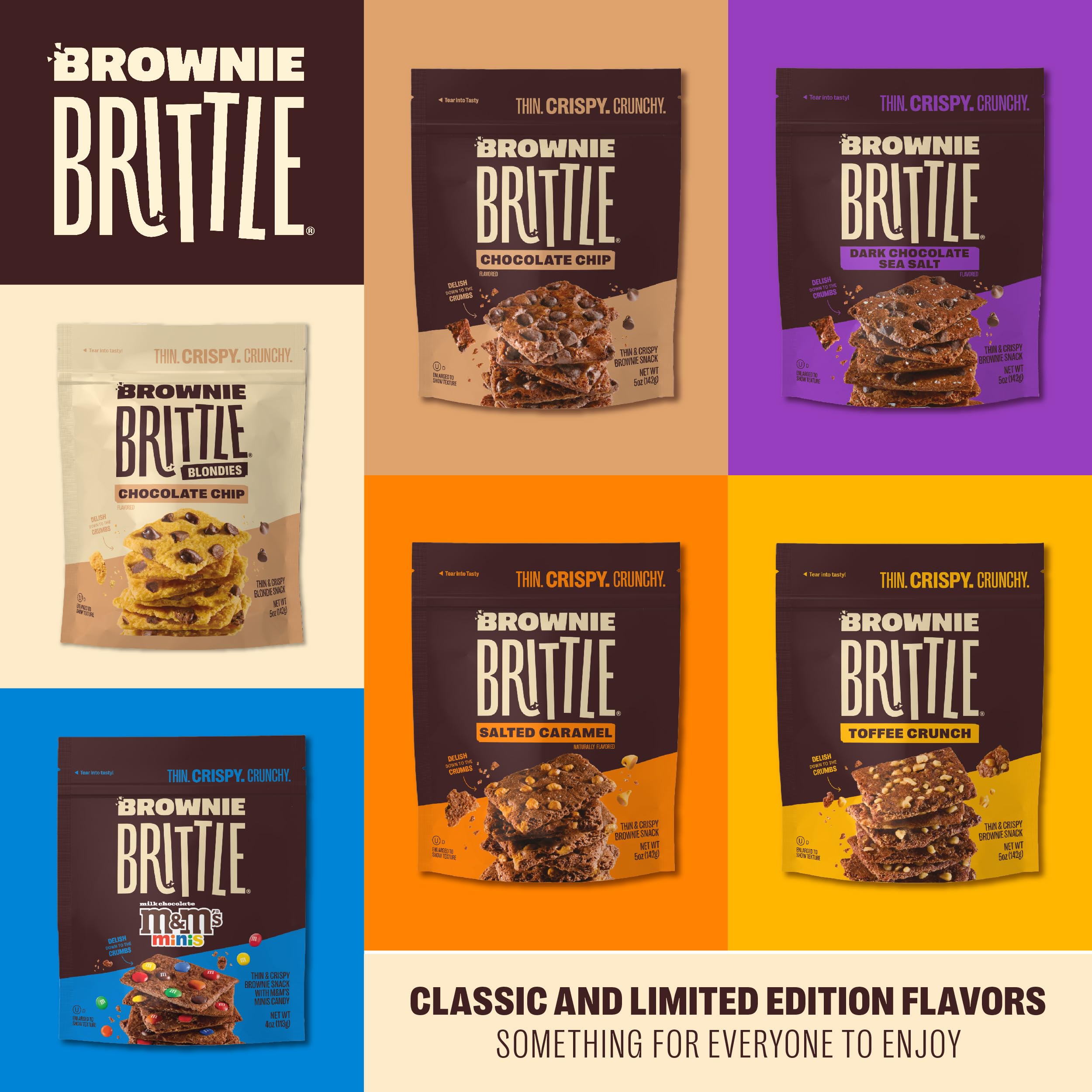 Pantry-ready Brownie Brittle snack packs for easy storage and access.