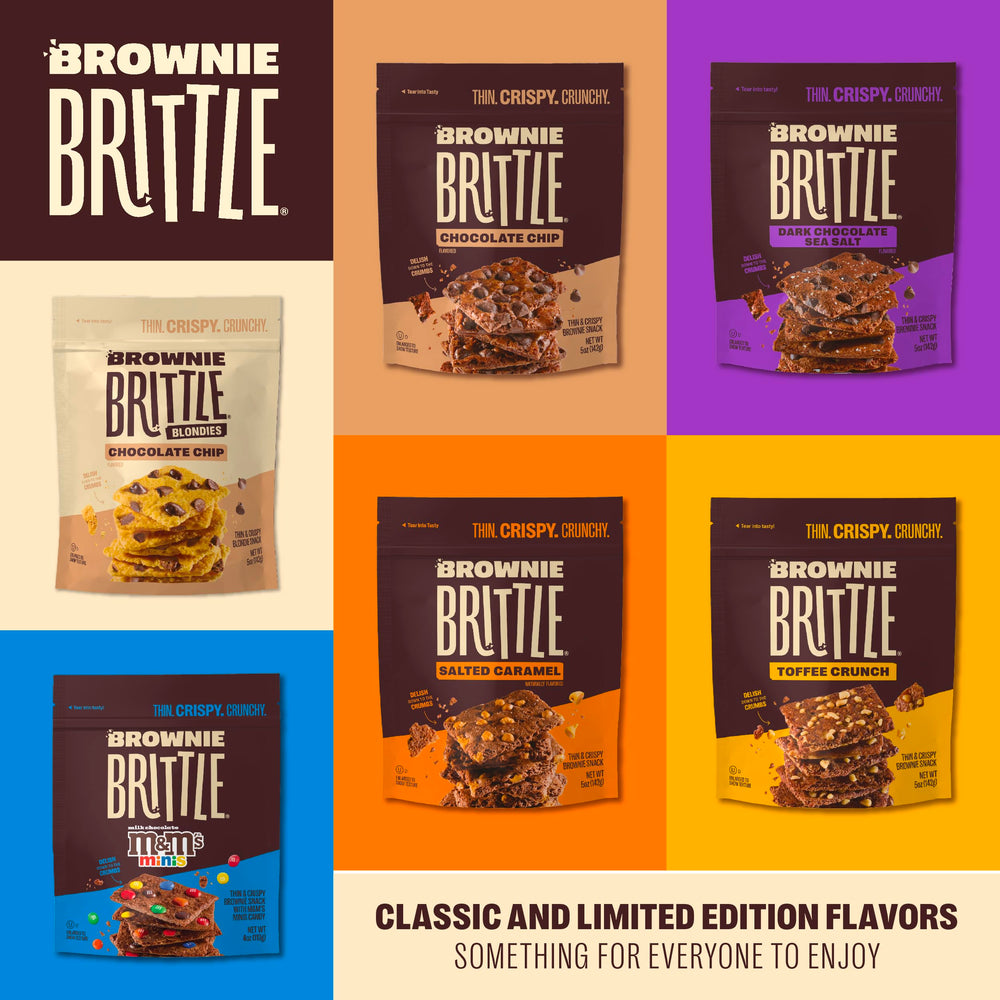 Pantry-ready Brownie Brittle snack packs for easy storage and access.