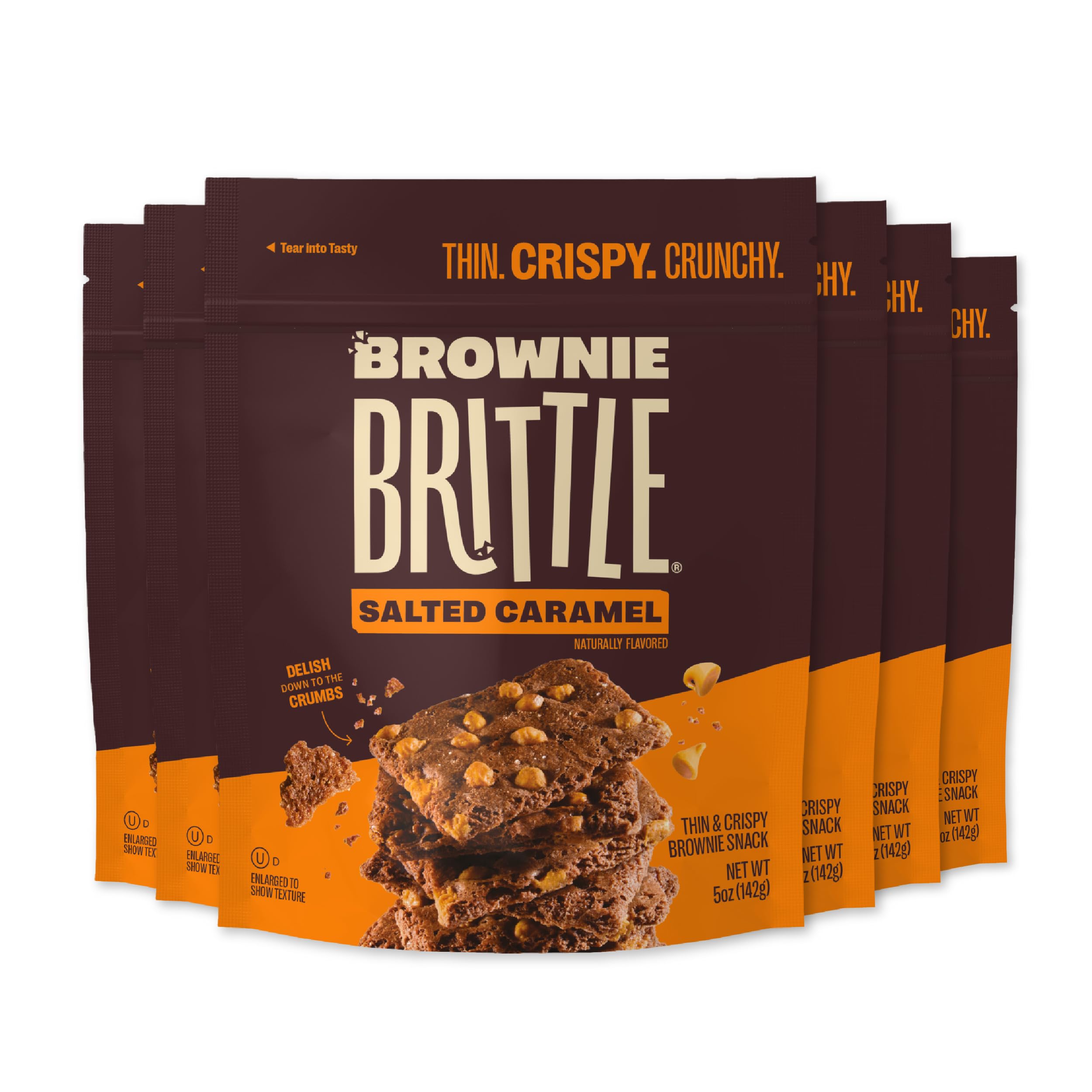 Brownie Brittle Salted Caramel bags show rich chocolate and crisp crunch, ideal for on-the-go snacking.