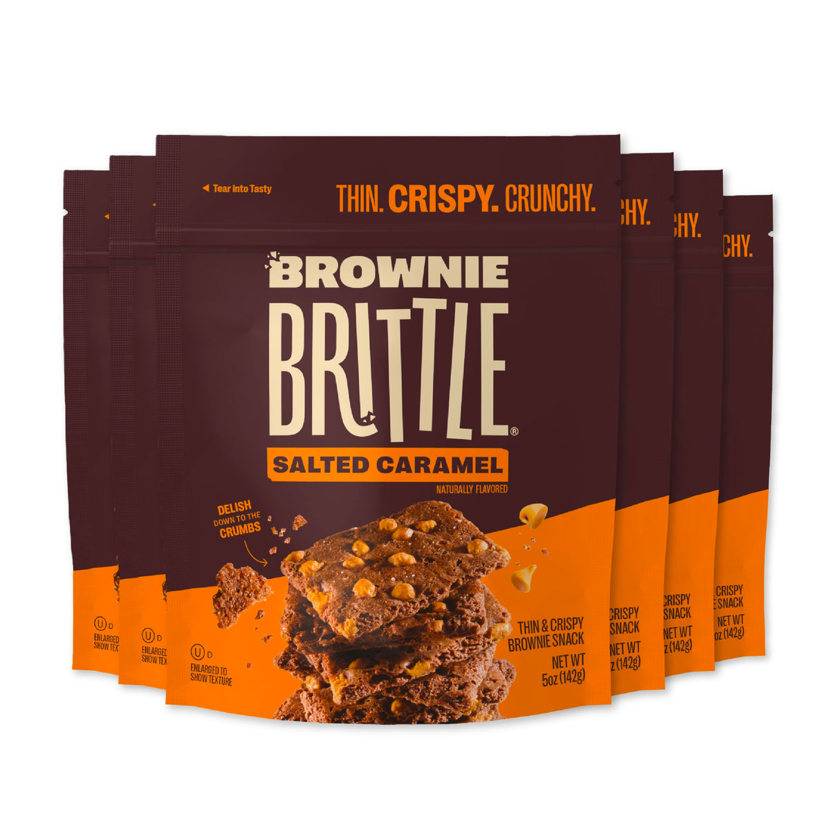 Brownie Brittle Salted Caramel bags show rich chocolate and crisp crunch, ideal for on-the-go snacking.