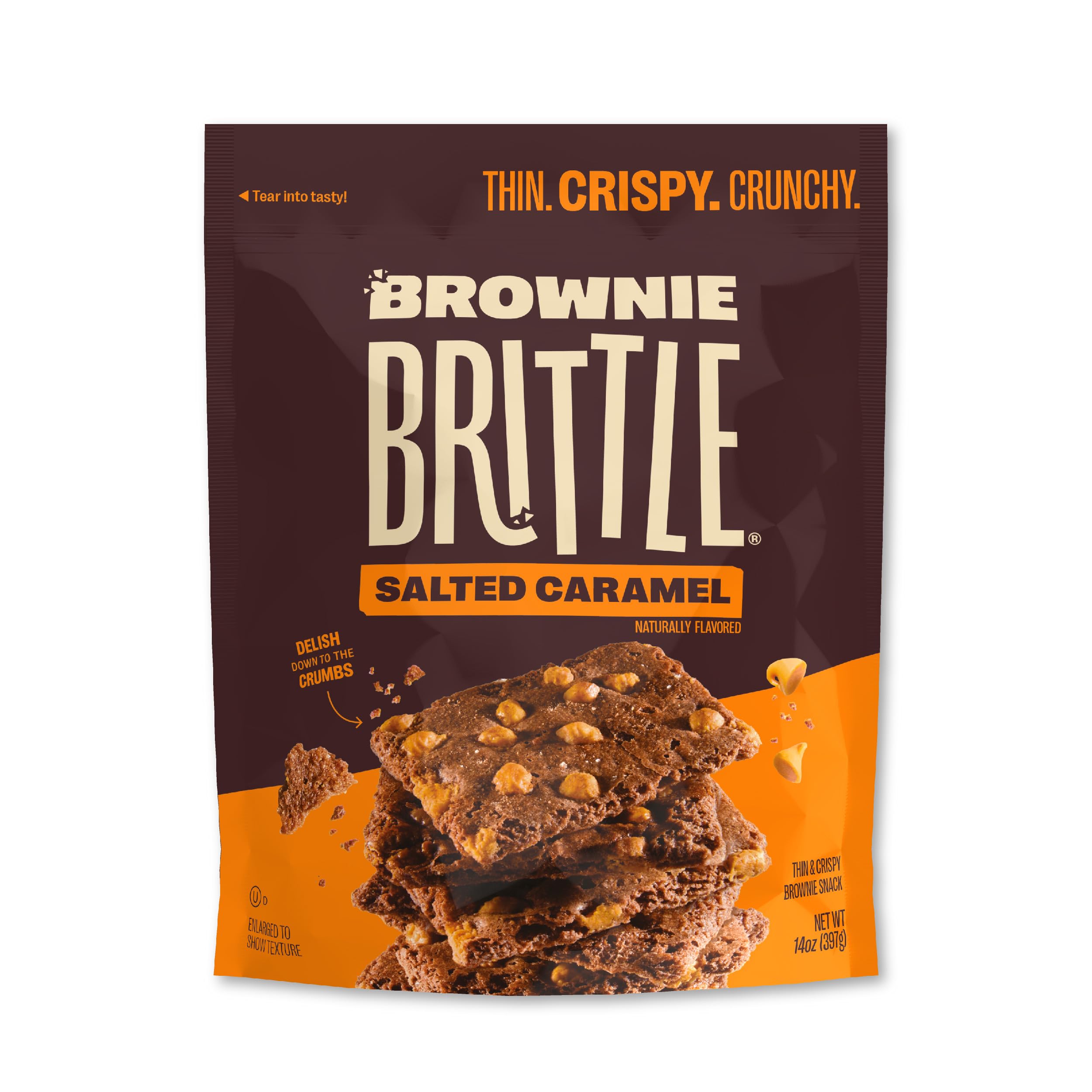 Brownie Brittle Salted Caramel bags on display for party snacks.