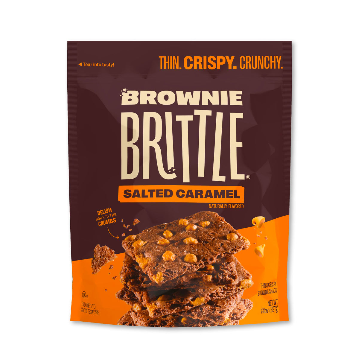 Brownie Brittle Salted Caramel bags on display for party snacks.