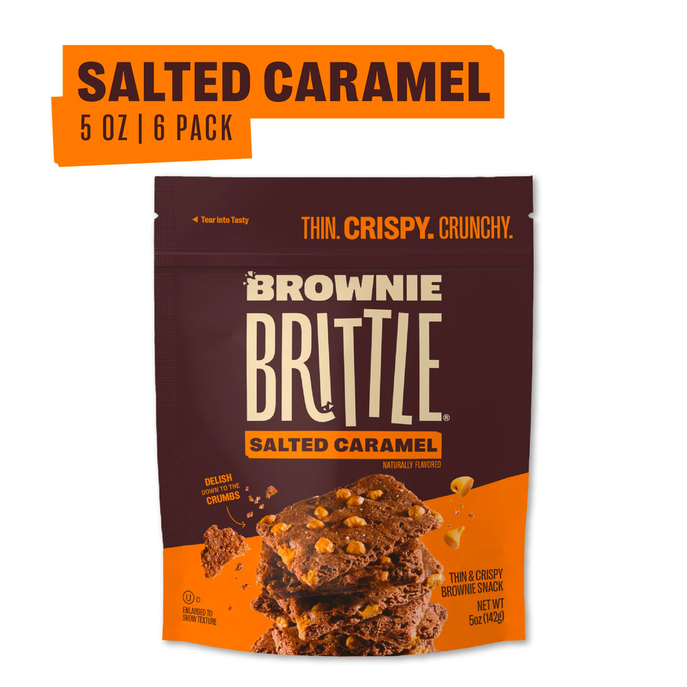 Brownie Brittle Salted Caramel crispy slices invite a chocolatey bite with crunch, perfect for dessert snacking.