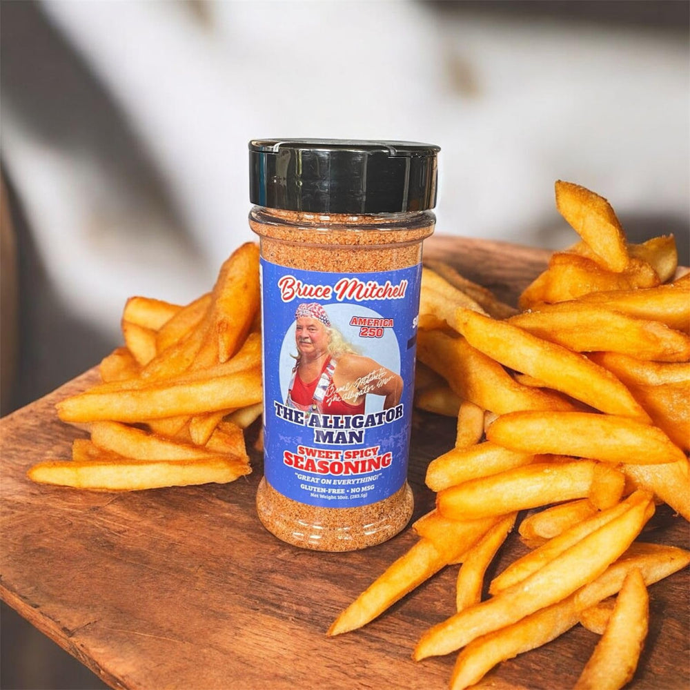 10oz Alligator Man seasoning bottle ready on the kitchen shelf