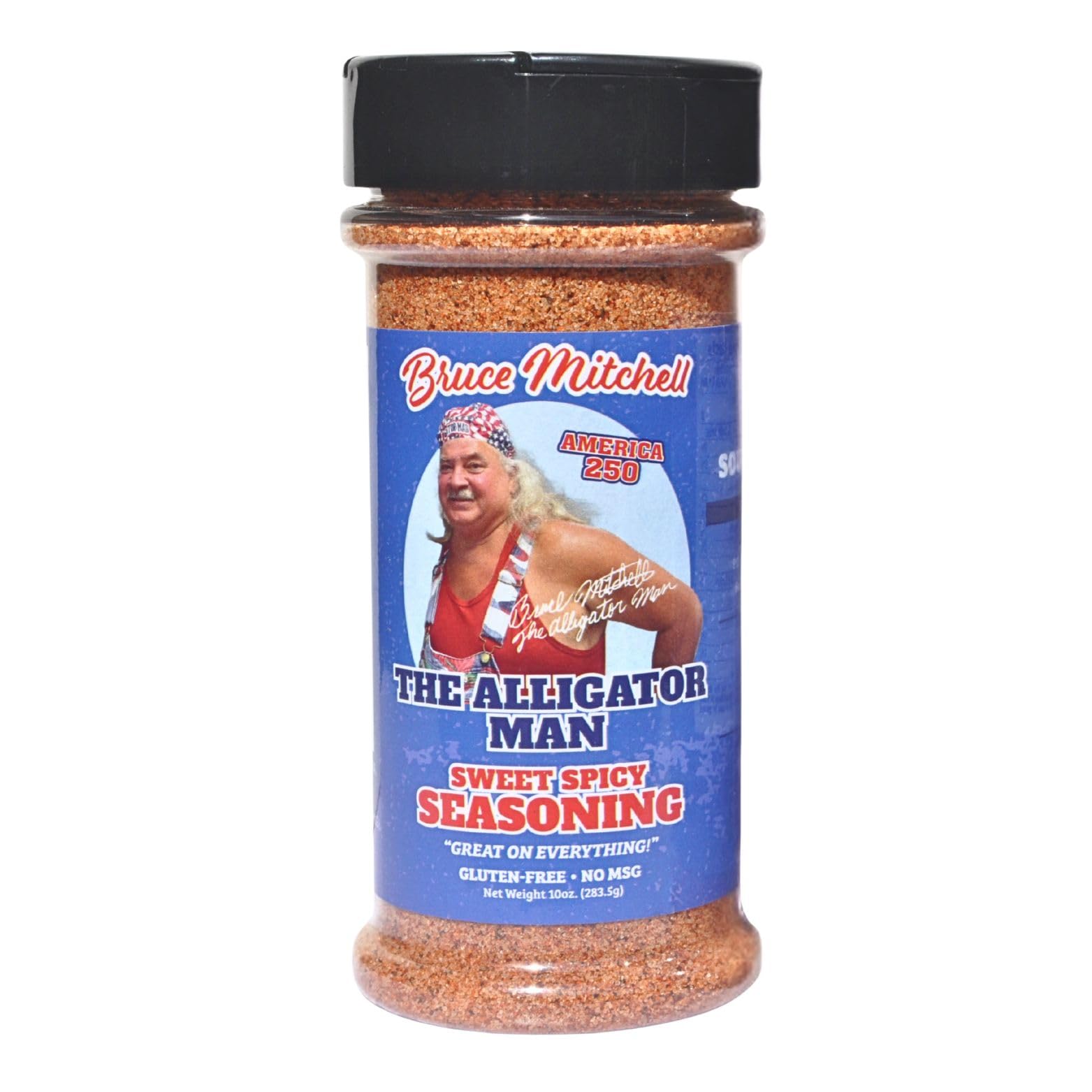 Bruce Mitchell Alligator Man Sweet Spicy Seasoning bottle ready for Cajun cooking