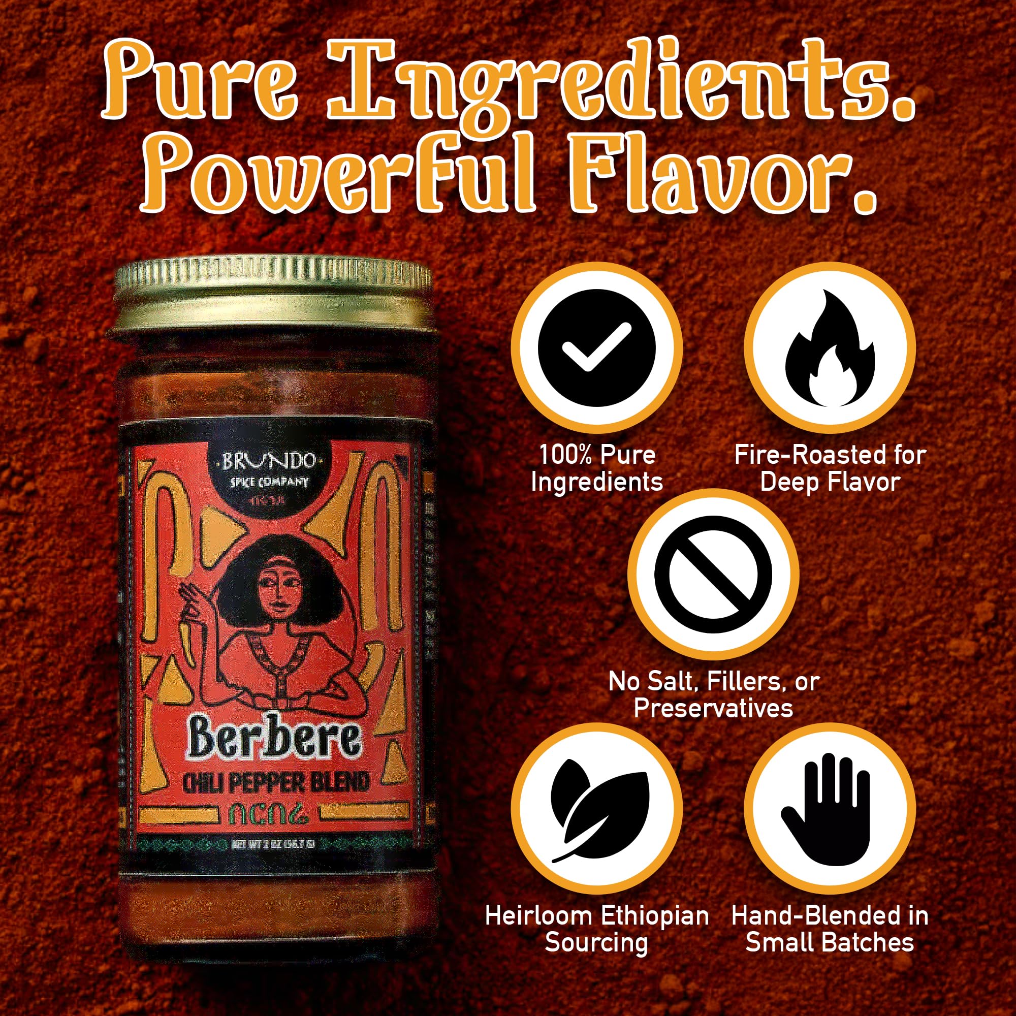 Brundo Spice Berbere blend jar with ingredients on the counter, great for pan-searing meats.