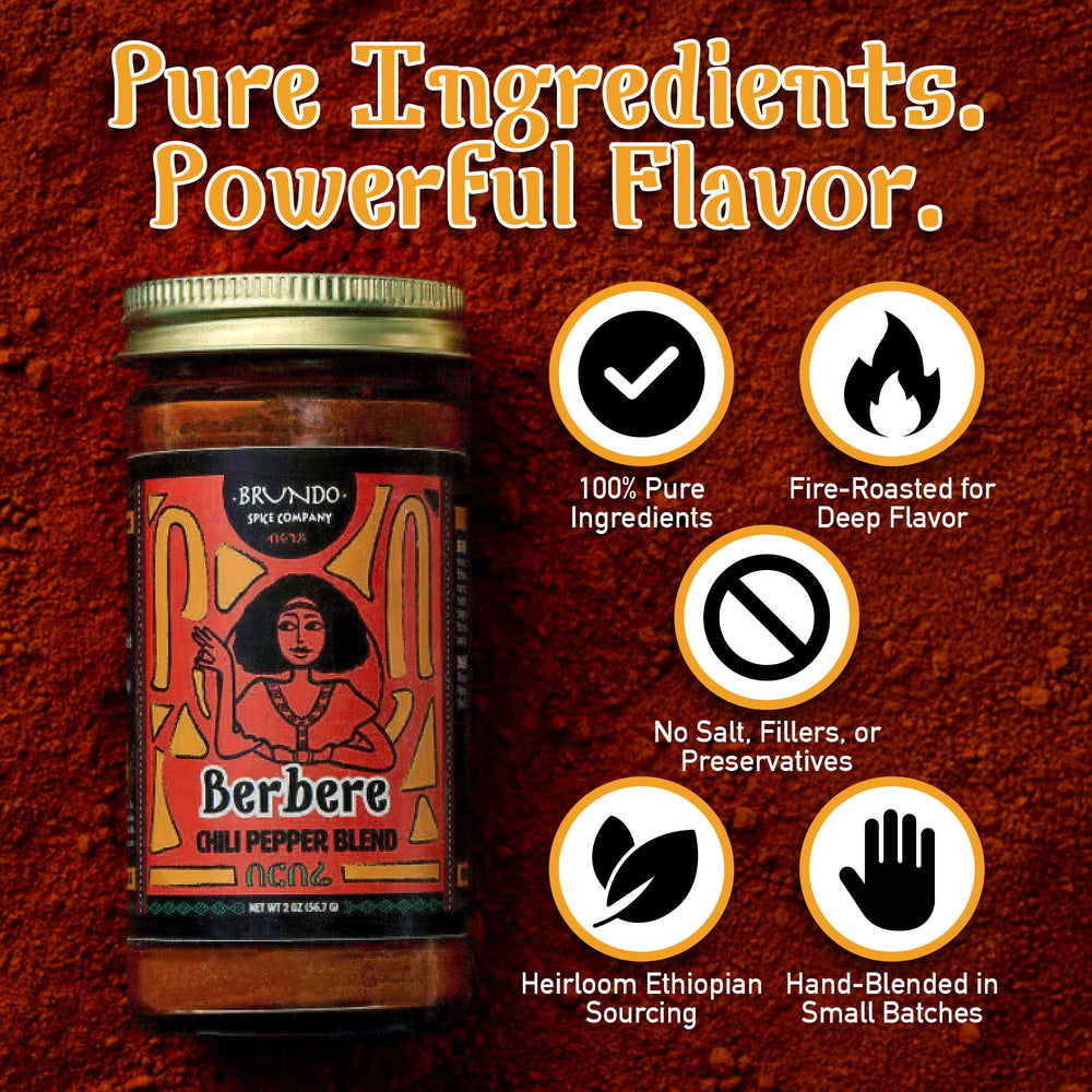 Brundo Spice Berbere blend jar with ingredients on the counter, great for pan-searing meats.