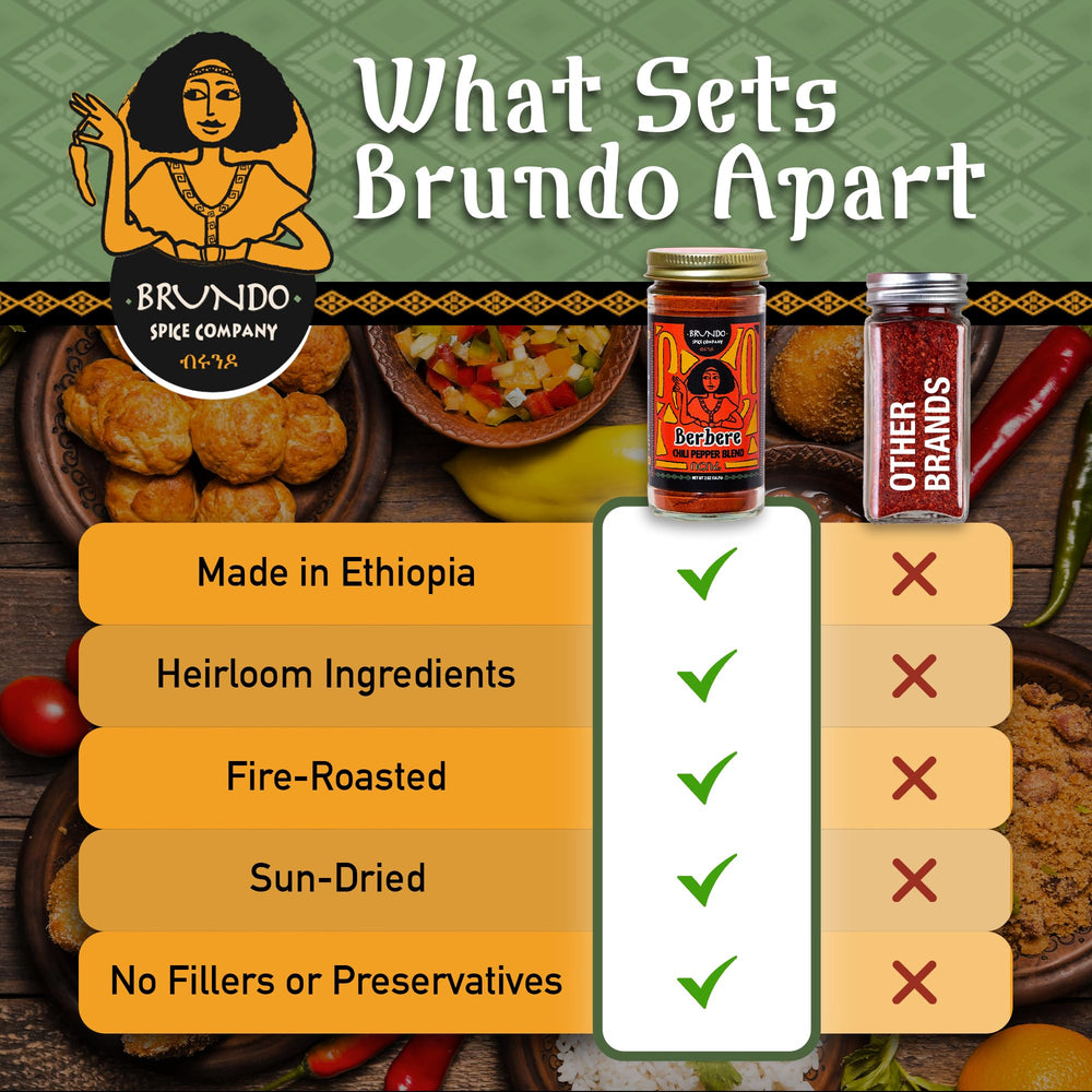 Brundo Spice Berbere blend contains sun-dried chilies and garlic.