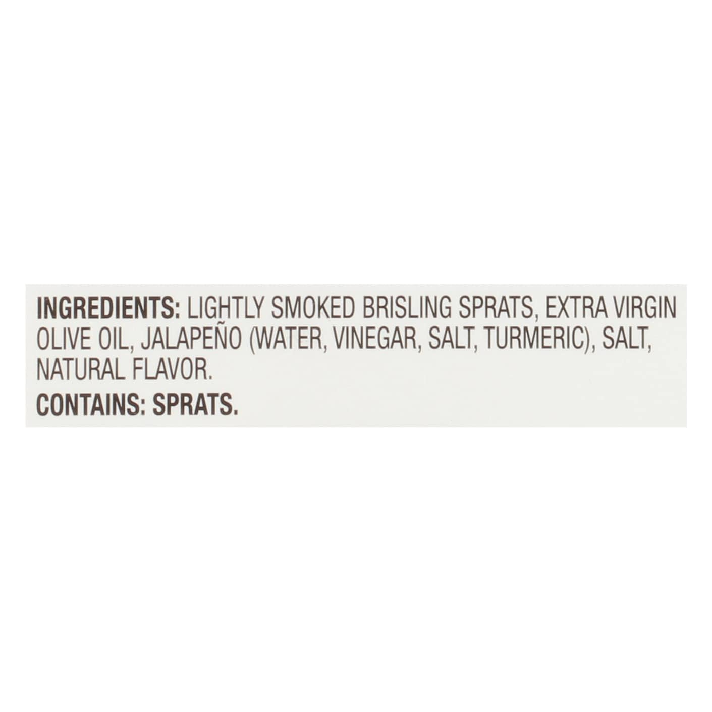 Brunswick Brisling Sardines label close-up, gluten-free and keto-friendly pantry staple.