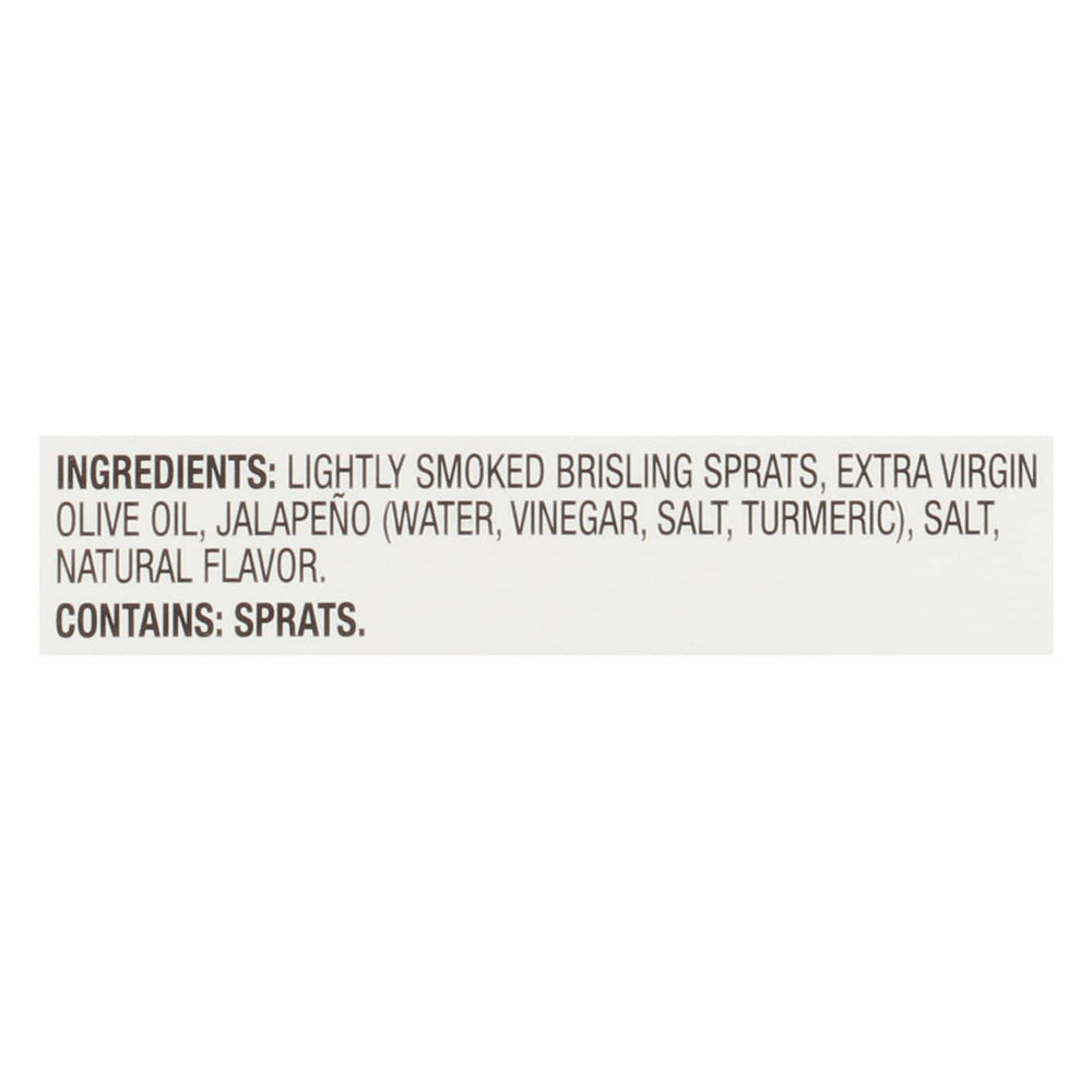 Brunswick Brisling Sardines label close-up, gluten-free and keto-friendly pantry staple.