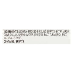 Brunswick Brisling Sardines label close-up, gluten-free and keto-friendly pantry staple.