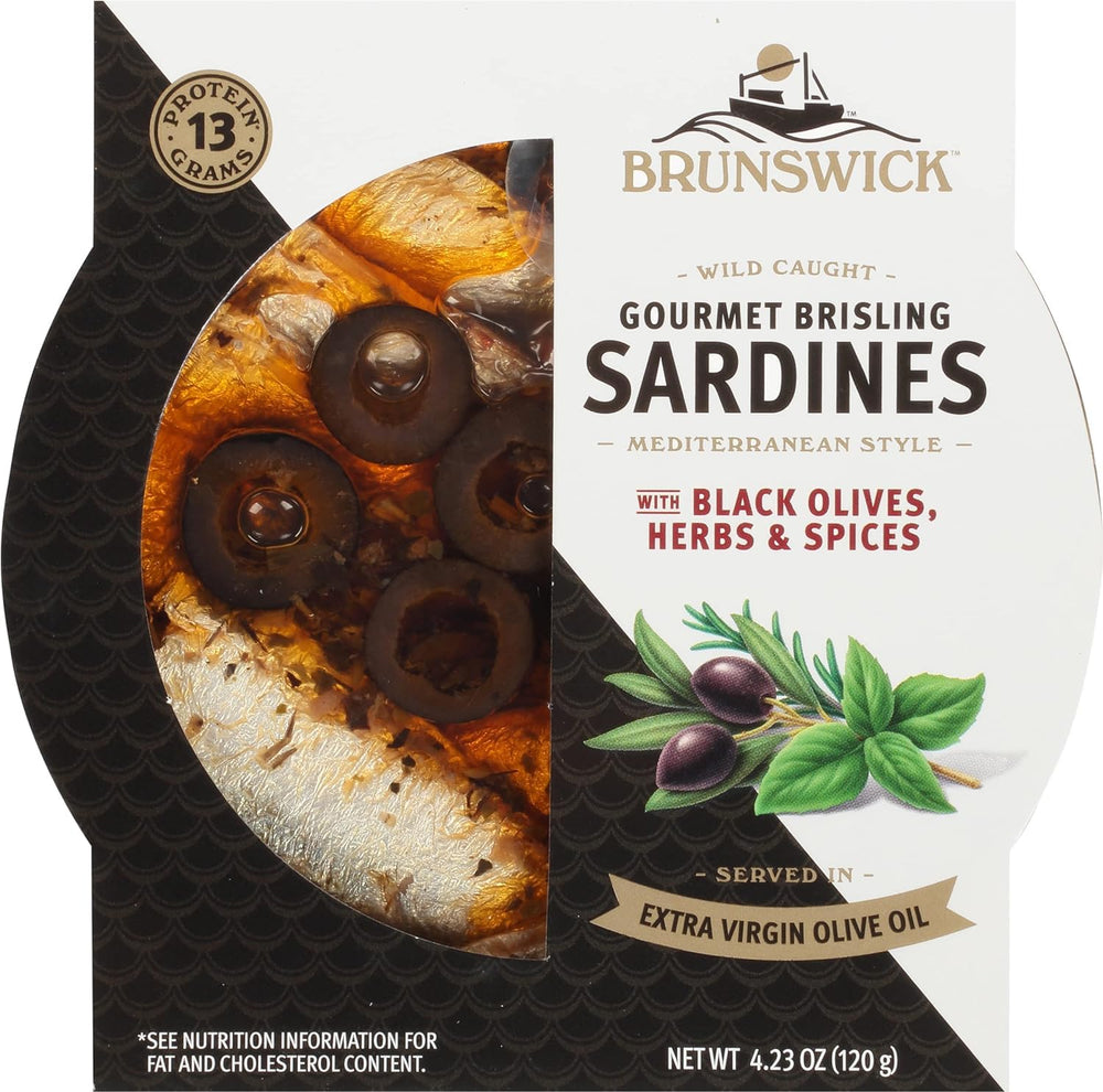Brunswick Brisling sardines in olive oil with black olives, a flavorful pantry staple