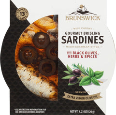 Brunswick Brisling sardines in olive oil with black olives, a flavorful pantry staple