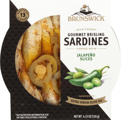 Brunswick Brisling Sardines can front with jalapeño, protein-packed snack ready to enjoy.