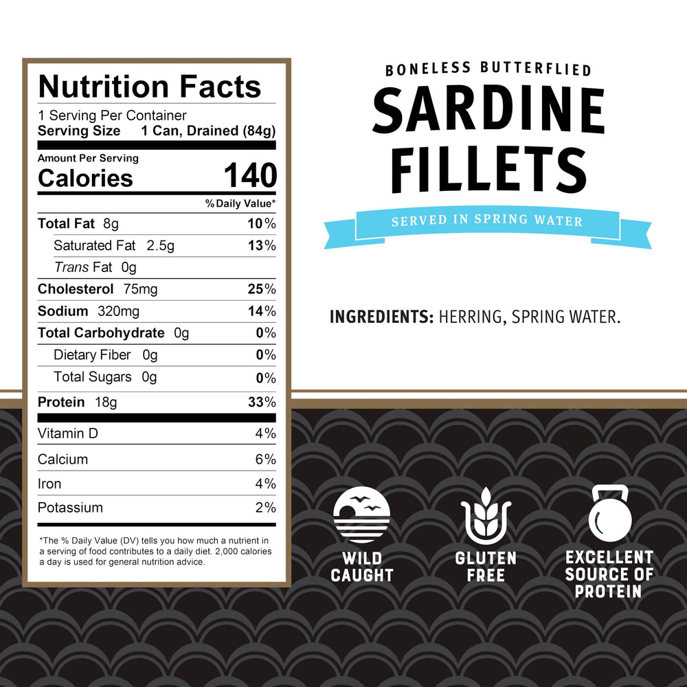 Brunswick Butterflied Sardine Fillets close-up, premium texture.