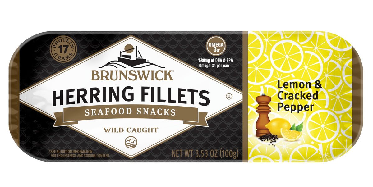 Brunswick Herring Fillets in Lemon & Cracked Pepper can for a quick, protein-packed snack.