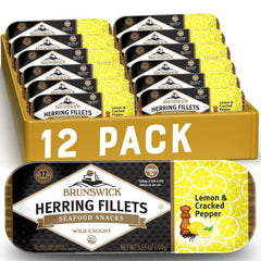 Brunswick herring fillets in lemon and cracked pepper can, protein-packed snack option.
