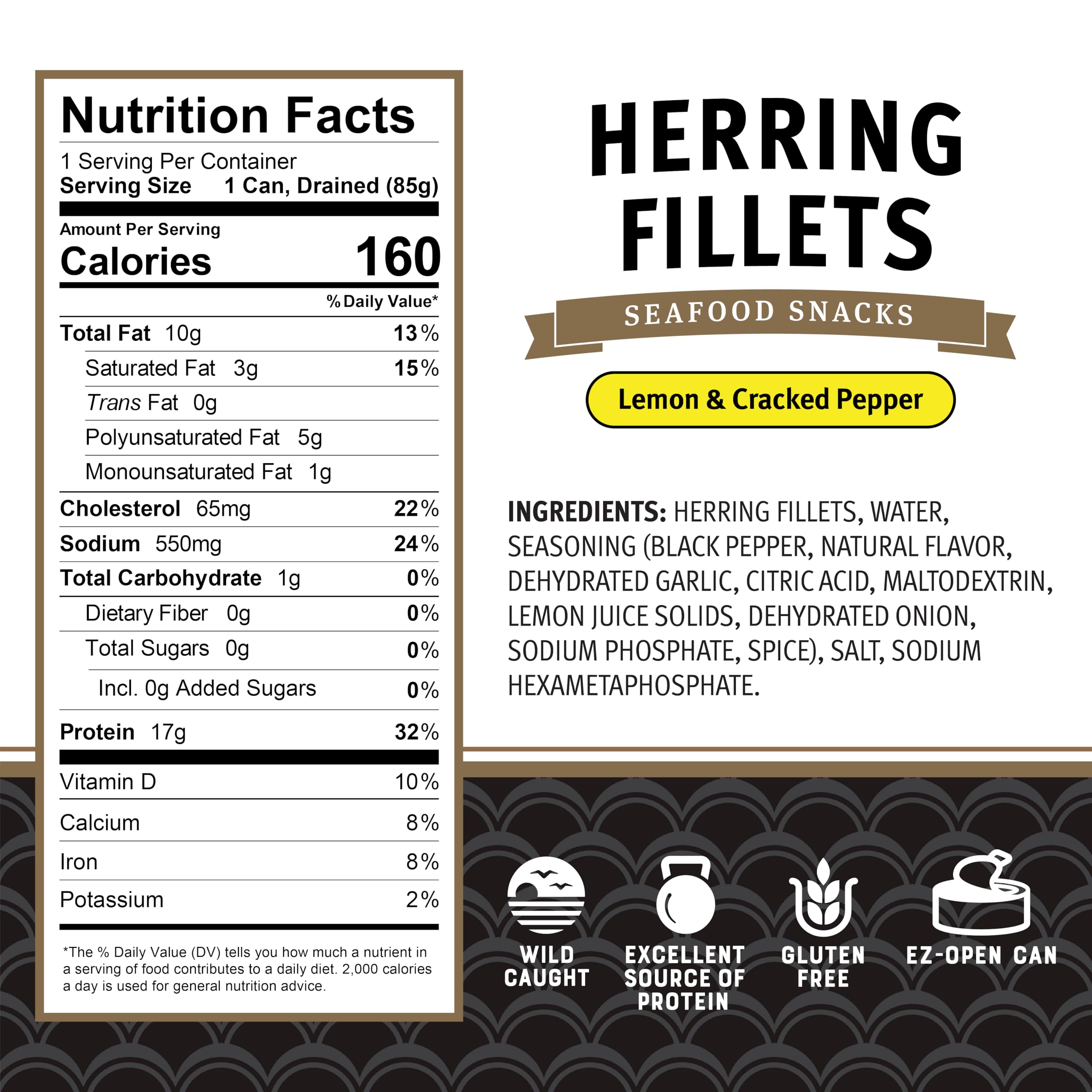Brunswick Herring Fillets served over pasta with lemon pepper flavor.