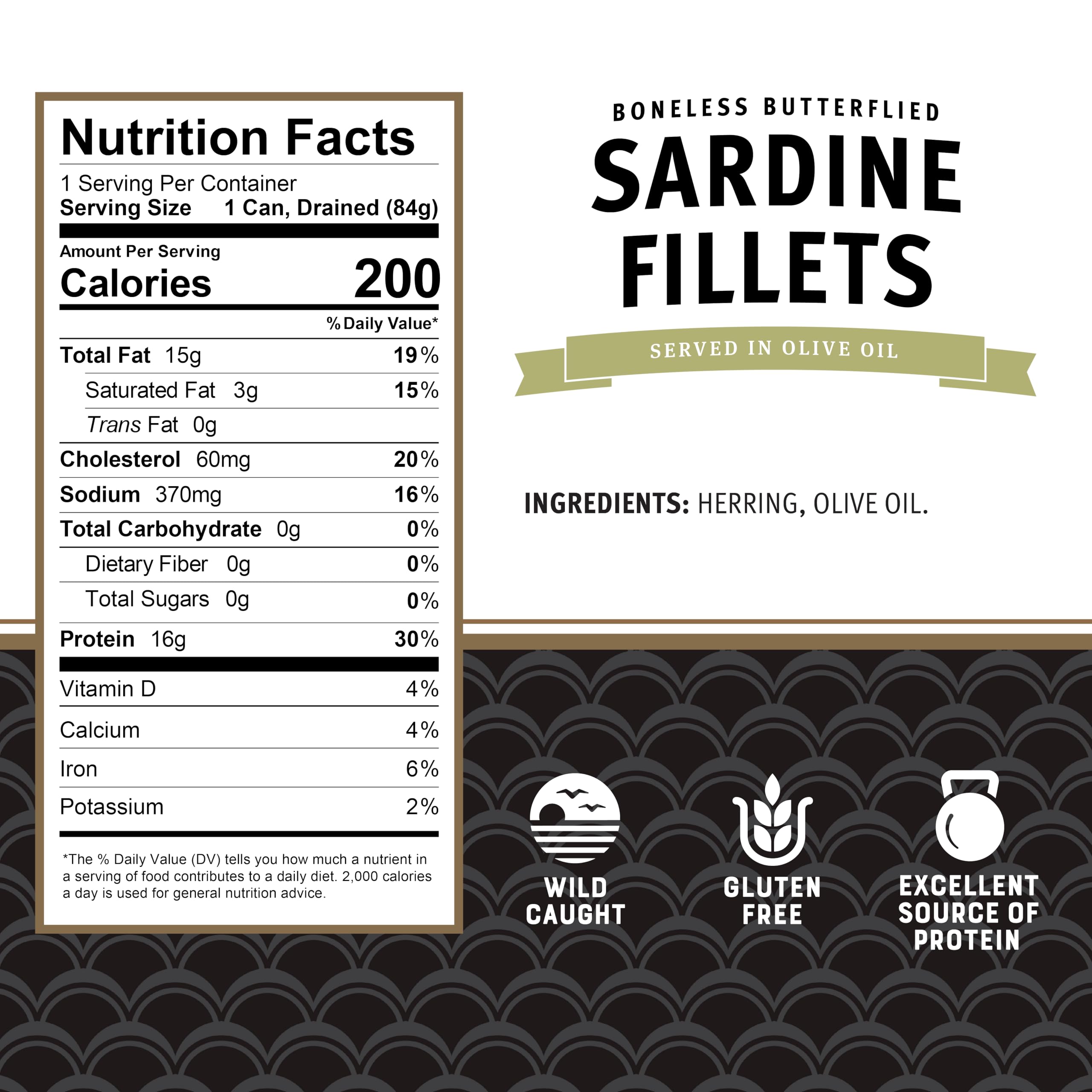 Brunswick Sardines in Olive Oil close-up, boneless butterflied fillets, protein-rich.