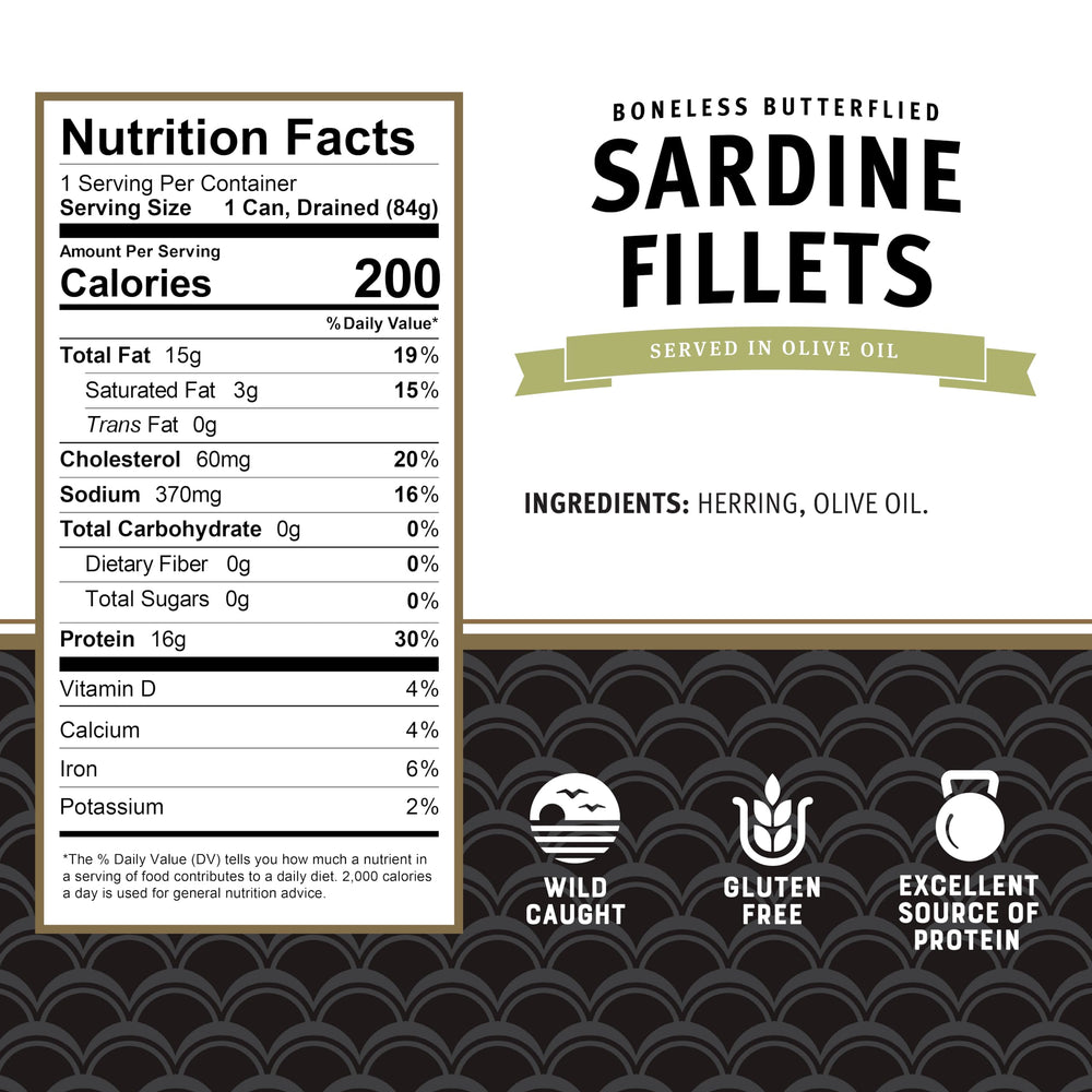 Brunswick Sardines in Olive Oil close-up, boneless butterflied fillets, protein-rich.