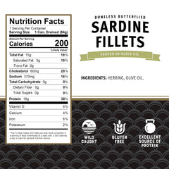 Brunswick Sardines in Olive Oil close-up, boneless butterflied fillets, protein-rich.