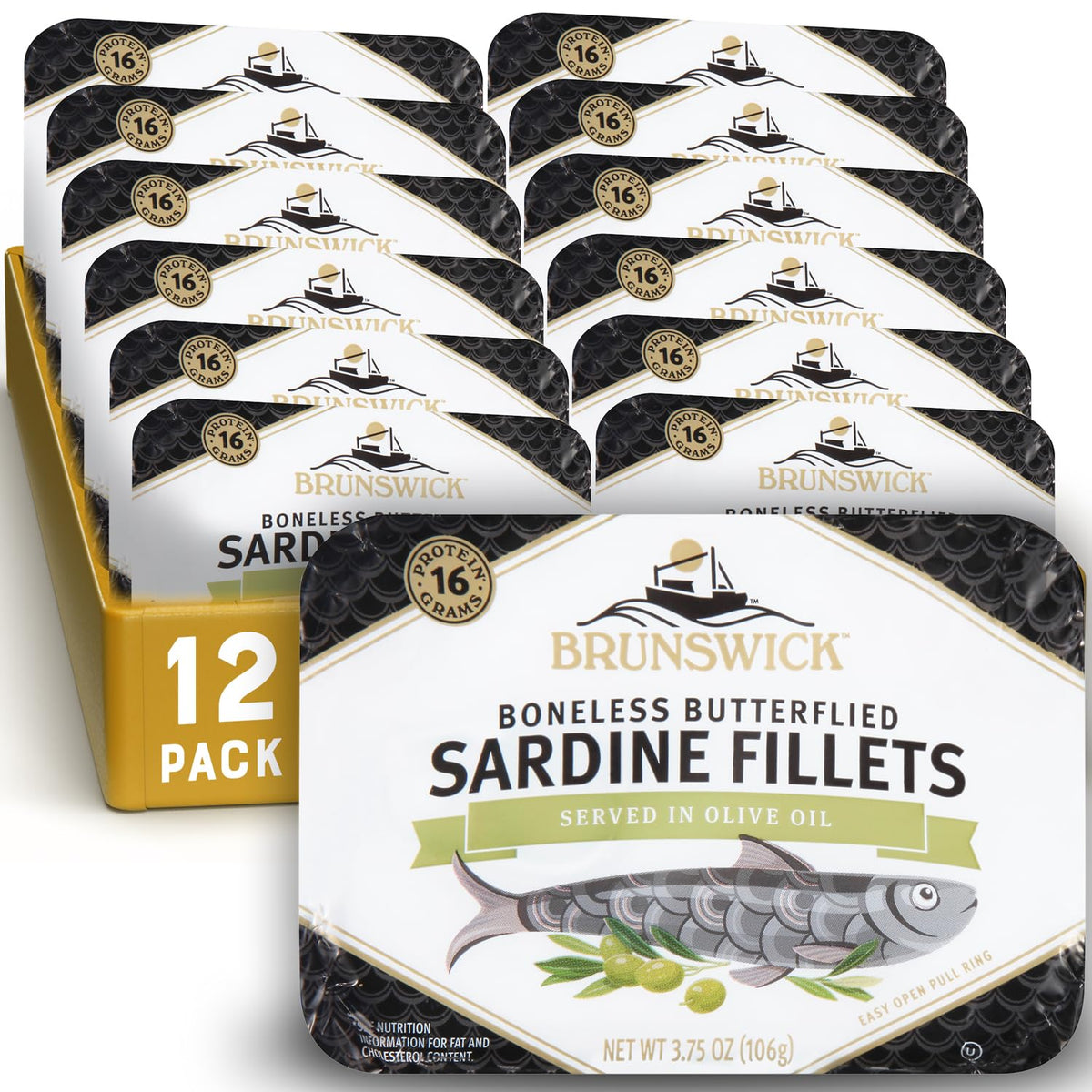 Brunswick Sardines in Olive Oil can front view, protein-packed pantry staple.