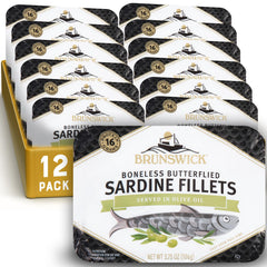 Brunswick Sardines in Olive Oil can front view, protein-packed pantry staple.