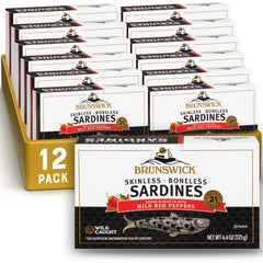 Brunswick sardines in olive oil with red peppers in a can, protein-rich snack