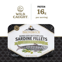 Serving plate with Brunswick Sardines in Olive Oil, keto-friendly option.