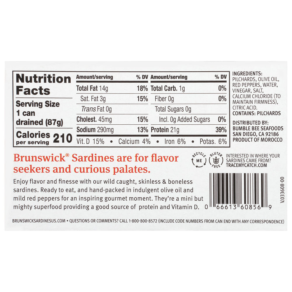 Brunswick skinless boneless sardines in olive oil, convenient ready-to-eat protein