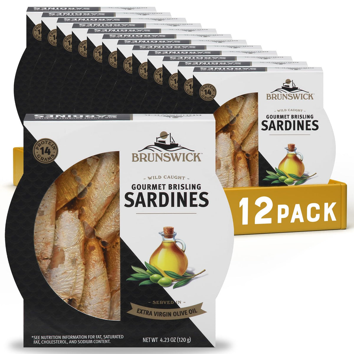 Brunswick wild caught brisling sardines in EVOO on a plate with glossy oil
