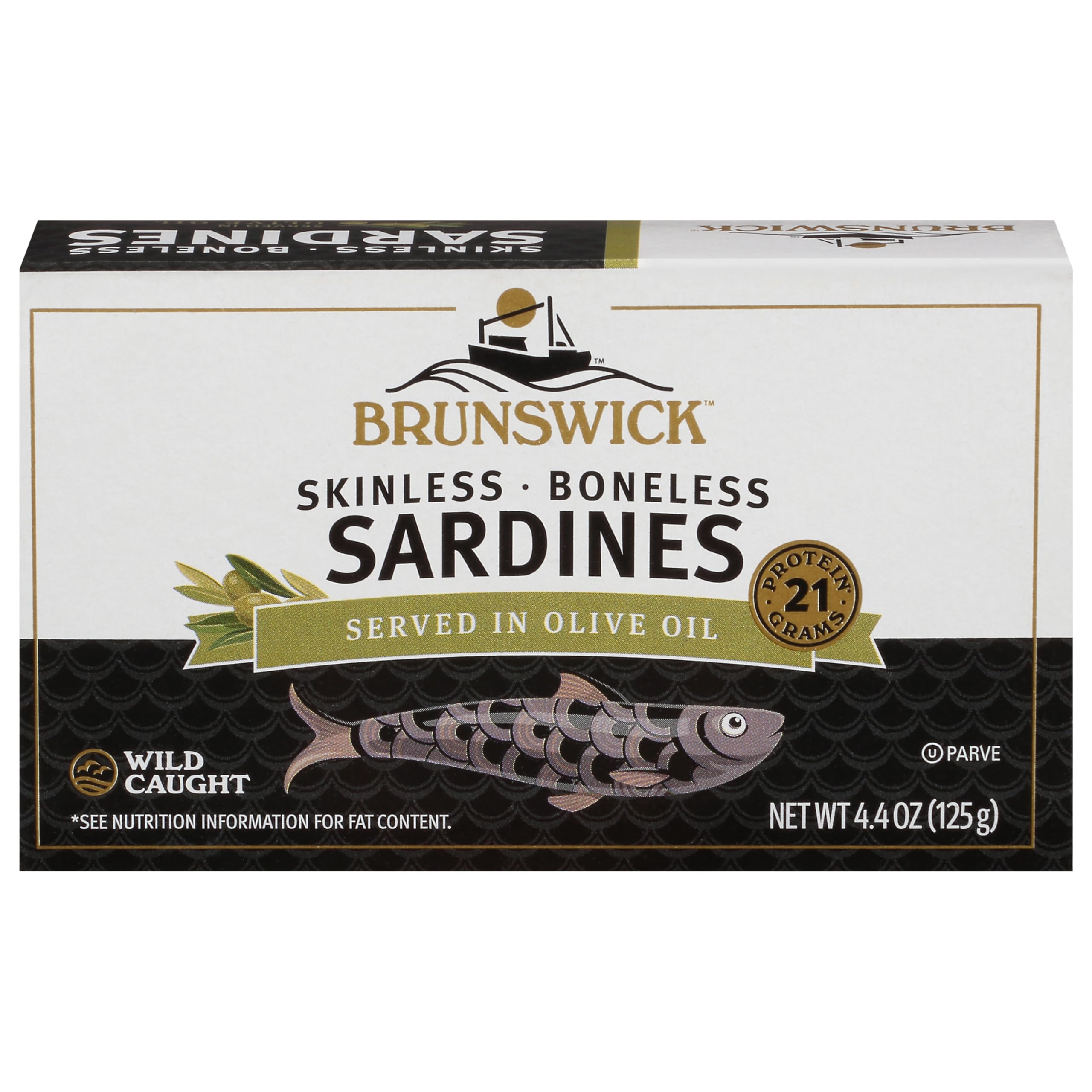 Brunswick wild-caught sardines in olive oil in a can, protein-rich ready to elevate meals.